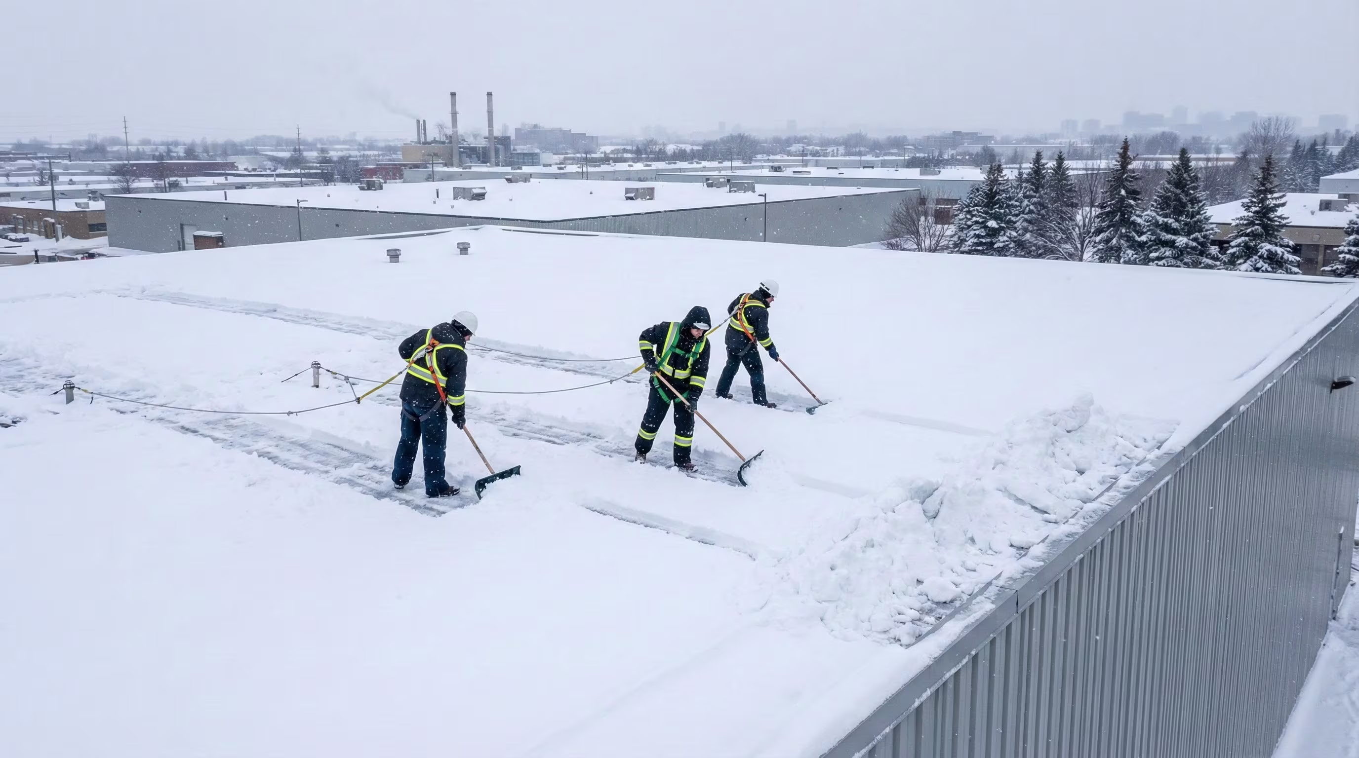 Équipe de déneigement manuel en action sur toit plat